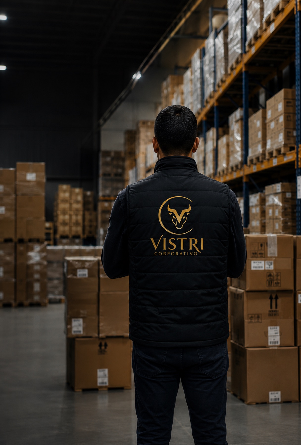 Representante de Vistri en un almacén con racks y cajas